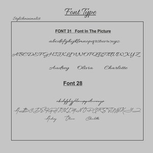 Pu&ograve; includere: Un'immagine digitale che mostra due diversi stili di font. Il primo stile di font &egrave; etichettato "Font 31" e il secondo stile di font &egrave; etichettato "Font 28". Entrambi gli stili di font sono mostrati in lettere minuscole e maiuscole, nonch&eacute; nei nomi "Audrey", "Olivia" e "Charlotte".