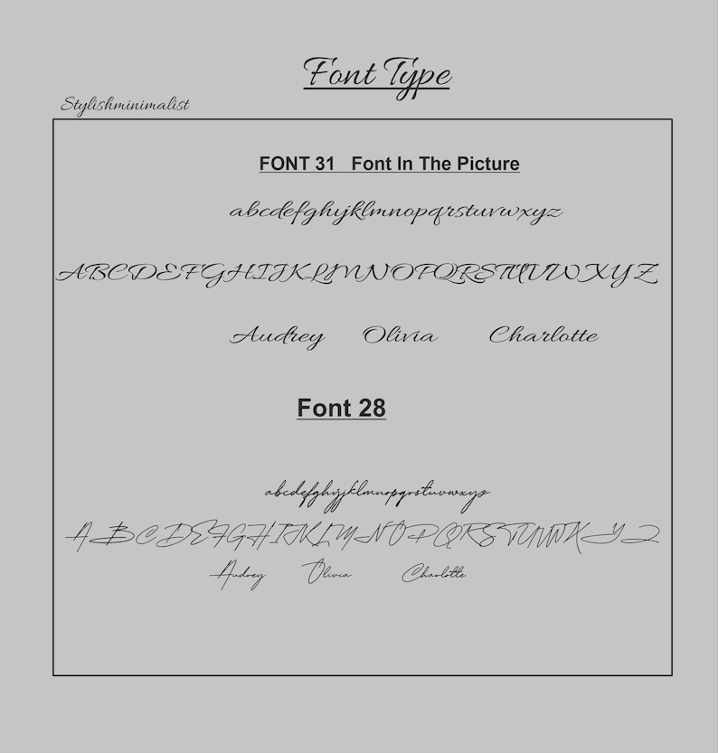 Pu&ograve; includere: Un'immagine digitale che mostra due diversi stili di font. Il primo stile di font &egrave; etichettato "Font 31" e il secondo stile di font &egrave; etichettato "Font 28". Entrambi gli stili di font sono mostrati in lettere minuscole e maiuscole, nonch&eacute; nei nomi "Audrey", "Olivia" e "Charlotte".