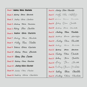 Pu&ograve; includere: Un grafico con 31 diversi stili di font per i nomi Audrey, Olivia e Charlotte. I nomi sono scritti in inchiostro nero su sfondo bianco.