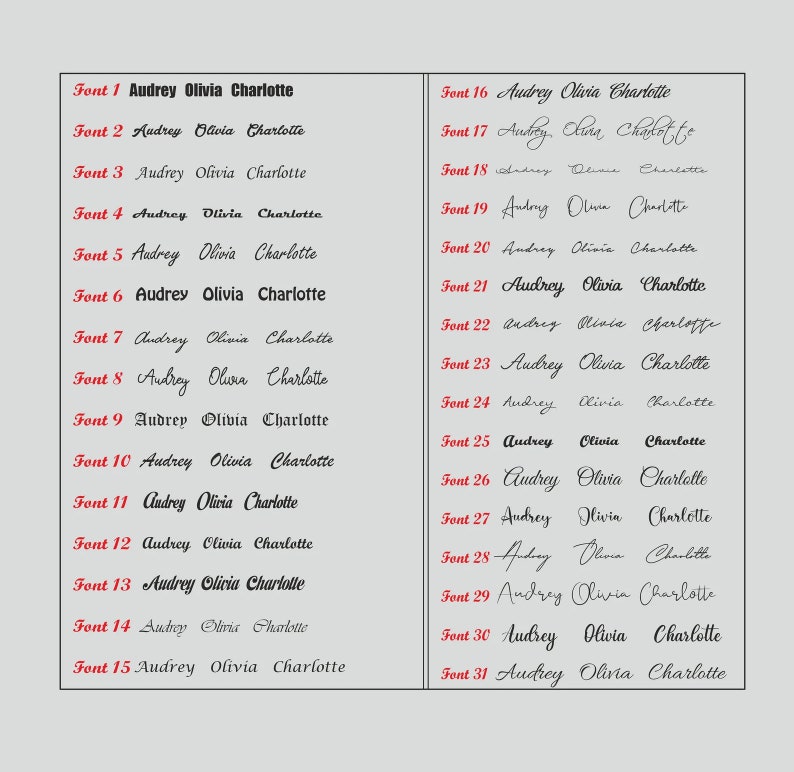 Pu&ograve; includere: Un grafico con 31 diversi stili di font per i nomi Audrey, Olivia e Charlotte. I nomi sono scritti in inchiostro nero su sfondo bianco.