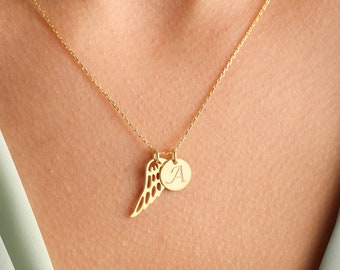 Collana commemorativa personalizzata con ali, delicato disco iniziale, collana personalizzata con ali d'angelo, regalo per una persona cara scomparsa, collana per aborto spontaneo, regalo per lei