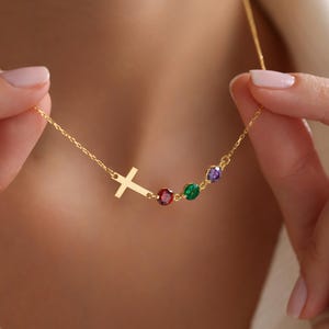 Personalized Birthstone Cross Necklace, Christian Birthstones Pendant, Dainty Cross Necklace, Family Birthstone Necklace, Christian Gifts