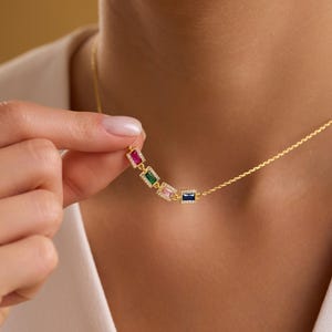 Baguette Birthstone Necklace, Personalized Birthstone Family Necklace, Custom 925 Silver Gift for Her, Gifts For Mom, Christmas Gift