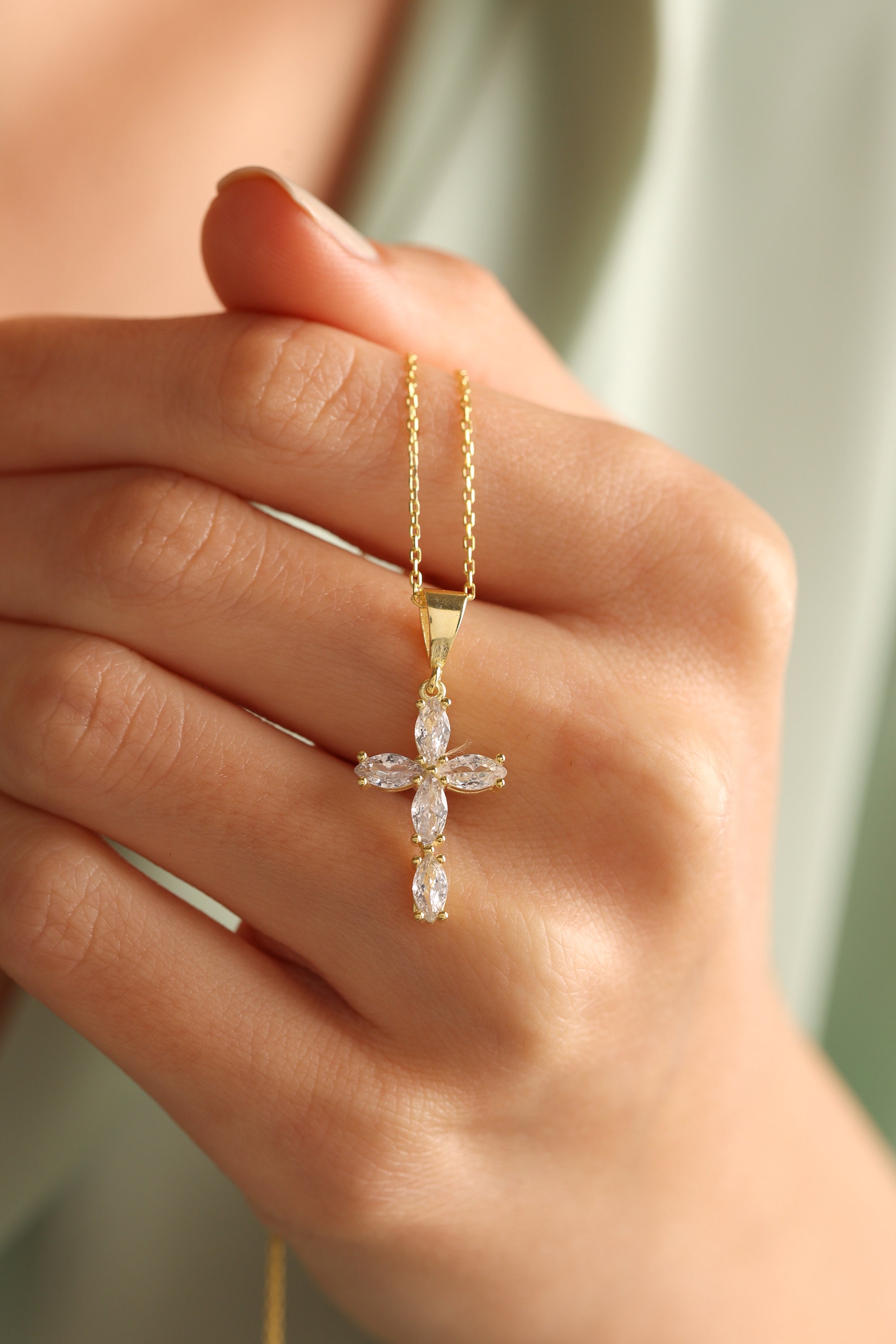 Sterling Silver Cross Necklace, Dainty Cross Pendant, Cubic Zirconia Cross Necklace, Gift Cross Pendant, Religious Charms, Christian Gifts