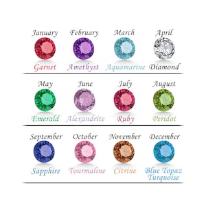 May include: A chart showing the birthstones for each month of the year. The chart includes the name of the month, the birthstone, and a small image of the gemstone. The birthstones are: Garnet, Amethyst, Aquamarine, Diamond, Emerald, Alexandrite, Ruby, Peridot, Sapphire, Tourmaline, Citrine, and Blue Topaz.