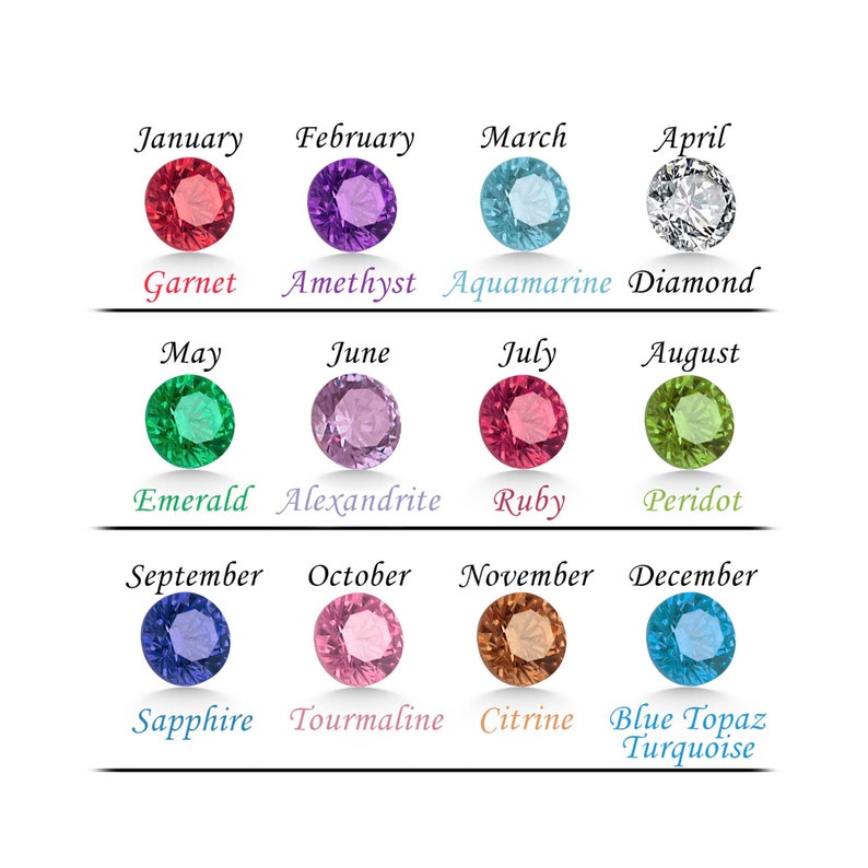 May include: A chart showing the birthstones for each month of the year. The chart includes the name of the month, the birthstone, and a small image of the gemstone. The birthstones are: Garnet, Amethyst, Aquamarine, Diamond, Emerald, Alexandrite, Ruby, Peridot, Sapphire, Tourmaline, Citrine, and Blue Topaz.