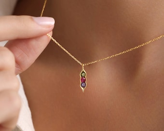 Customized Family Birthstone Necklace, Silver Peas in a Pod Birthstone Necklace,  Meaningful Gifts for Mom, Gifts For Her, Christmas Gift