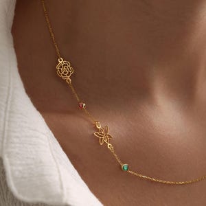 Sideway Birth Flower Necklace with Birthstones, Custom Birthstone Necklace, Birth Flower Necklace, Family Christmas Gift, Birthday Gift