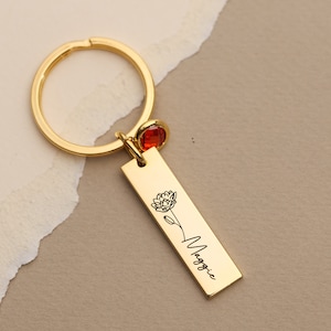 Personalized Birth Stone Keychain, Custom Name Keychain, Birth Month Flower Keychain, Gift Name Keychain, Gift For Him, Gift For Mom