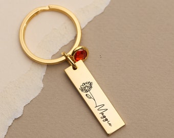 Personalized Birth Stone Keychain, Custom Name Keychain, Birth Month Flower Keychain, Gift Name Keychain, Gift For Him, Gift For Mom