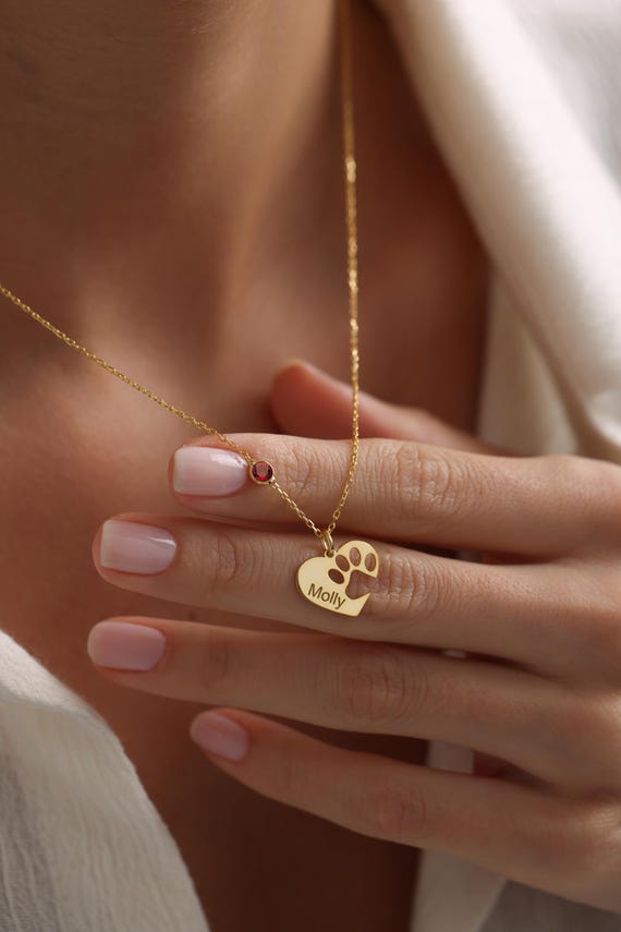 Personalized Heart Shaped Paw Necklace, Birth Stone Paw Name