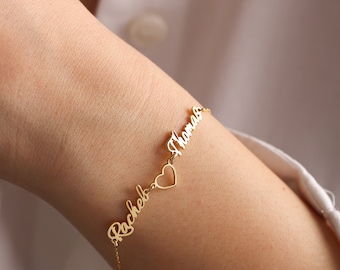 Bracelet coeur double nom, bracelet double nom, bracelet prénom, cadeau double, bracelet amoureux, cadeau d'anniversaire, cadeau pour elle-même