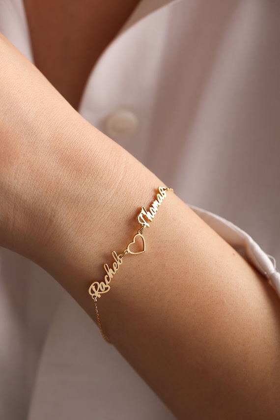 Double Name Heart Bracelet, Double Name Bracelet, Name Bracelet, Double Gift, Lovers' Bracelet, Anniversary Gift, Gift for Herself