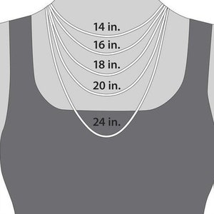 May include: Diagram showing different necklace lengths on a model wearing a tank top. The lengths are 14 inches, 16 inches, 18 inches, 20 inches, and 24 inches.