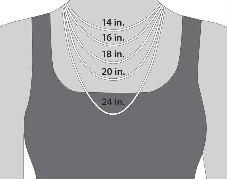May include: Diagram showing different necklace lengths on a model wearing a tank top. The lengths are 14 inches, 16 inches, 18 inches, 20 inches, and 24 inches.