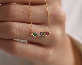 Collar personalizado con piedra de nacimiento familiar, collar de plata con forma de guisante en vaina, regalo significativo para mamá, regalo de dama de honor, regalo de Navidad.
