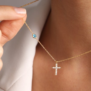 Birthstone Cross Necklace, Dainty Cross Pendant, Personalized Cross Necklace, Gift Cross Pendant, Birthstone Jewelry, Christian Gifts