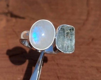 Rainbow Moonstone Aquamarine Ring, Rainbow Moonstone Ring, Aquamarine Raw Ring, 925 Sterling Silver Ring, Mother Gift, Adjustable Ring