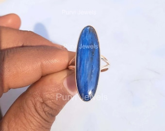 Blauer Kyanit Ring: Langer ovaler Edelstein, 925 Sterling Silber