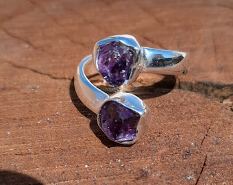 Roher Amethyst Ring: Verstellbarer 925 Sterling Silber Geburtsstein Ring