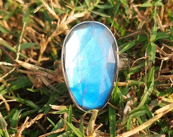 Bague labradorite bleue à facettes : argent sterling 925, pierre précieuse