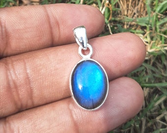 Blue Labradorite Pendant, Labradorite Gemstone Pendant, Sterling Silver Pendant, 925 Silver Pendant, Cabochon Pendant, Christmas Gift
