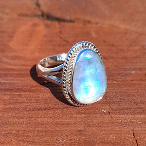 Faceted Rainbow Moonstone Sterling Silver Ring Flashy Moonstone Birthstone Ring Gift for Her