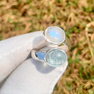Aquamarine Rainbow Moonstone Ring: Sterling Silver Adjustable Gemstone