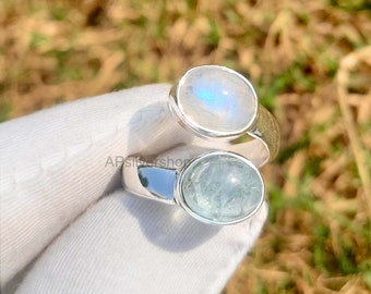 Aquamarin Regenbogen Mondstein Ring: Sterling Silber Einstellbar Edelstein