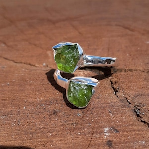 Raw Peridot Ring: Adjustable Sterling Silver Birthstone