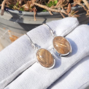 Golden Rutilated Quartz Gemstone 925 Sterling Silver Dangle Earrings Jewelry