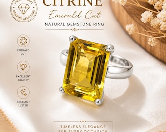925 Silver Citrine Ring | Emerald Cut Yellow Gemstone Ring | Handmade Statement Ring | November Birthstone Jewelry Gift