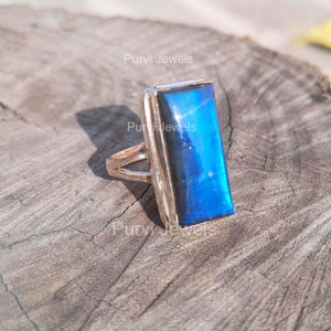 Baguette Blue Labradorite Ring: 925 Sterling Silver Gemstone Jewelry