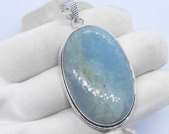 Handmade Oval Aquamarine Pendant: 925 Sterling Silver Bezel Setting