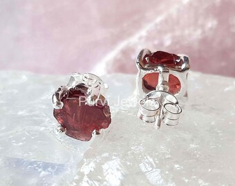 Rough Garnet Stud Earrings: 925 Sterling Silver January Birthstone