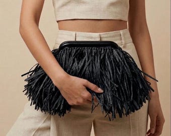 Fringe Raffia Clutch Bag, Handmade Crochet Pouch Purse, HandKnitted HandBag /NEW
