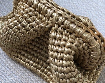 Gold Metallic Clutch, Small Gold Crochet Handmade Clutch, Woven Evening Clutch, Gold Crochet Leather Bag, Gold Purse, Hand-Knitted Pouch