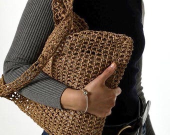 Handmade Raffia Mesh Beach Shoulder Bag, Hand Knitted Cage Beach Bag, Boho Summer Tote, Organic Paper Yarn Tote, Raffia Handbag