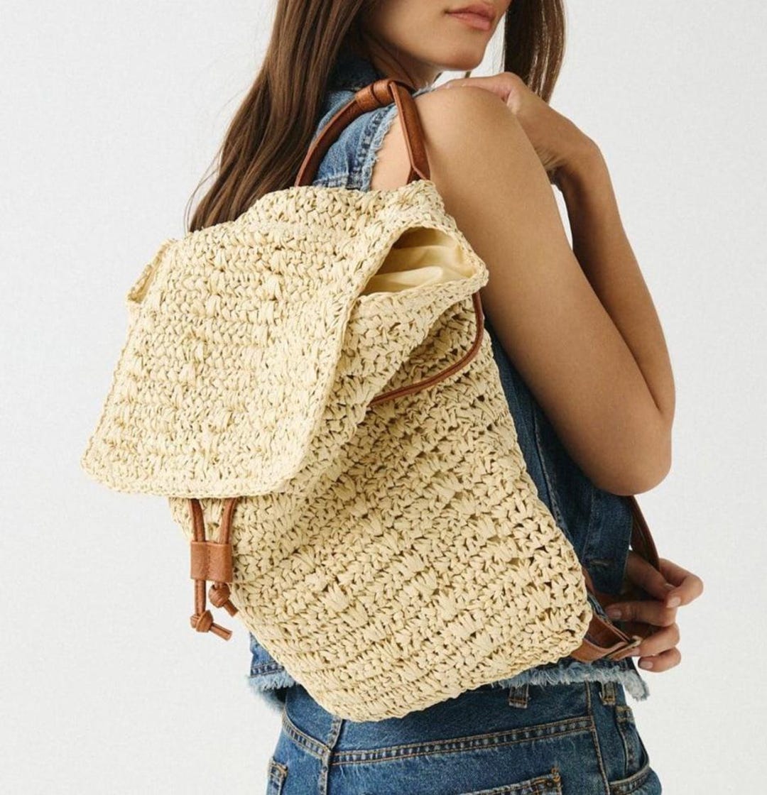 brown faux leather backpack with ivory floral crochet overlay Cara  Riley House Crafts With a main drawstring and snap closure Brown Crochet Bag - Etsy