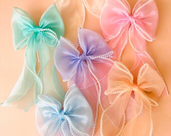 Pinzas para el cabello con lazo de cinta, pinza de organza con lazo y bordes de perlas, lazo de tul para bodas, pinzas para el cabello con lazo para bodas, regalo para damas de honor, horquilla suave para el cabello