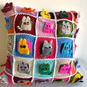 CAT CROCHET PILLOW, Crochet Cat Pillow Case, Cat Figured Cushion, Many Cats Pillowcase, Kitty Cushion Pillow, Cat Square Pillow