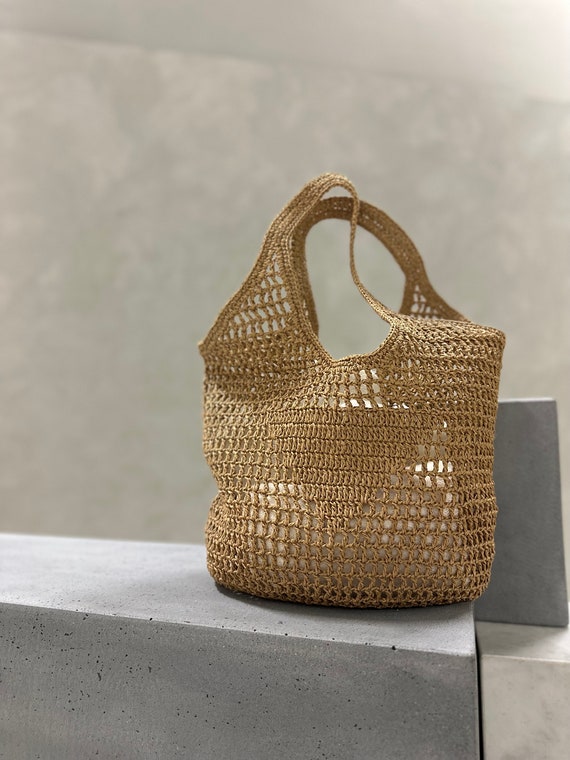韓国スタバ★[25夏2] Aloha Raffia ToteBag Brown+Charm SET Crochet Paper Raffia Beach Tote, Crochet Raffia Bag, Black