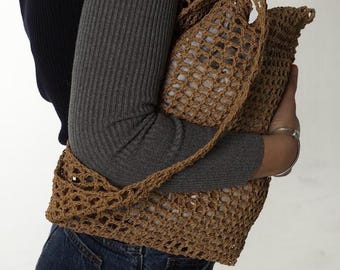 Summer Crochet Raffia Bag, Beach Bag for Women, Tan Color Paper Yarn Handmade Tote, Mesh Net Bag, Hand Knit Tote Bag, Raffia Purse Gift
