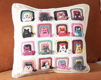 Gehäkelter Katzenkissenbezug, Handgestricktes Katzenkissen, Katze Häkelkissen, viele Katzen Kissenbezug, Häkelkissen Katze, Kitty Kissen