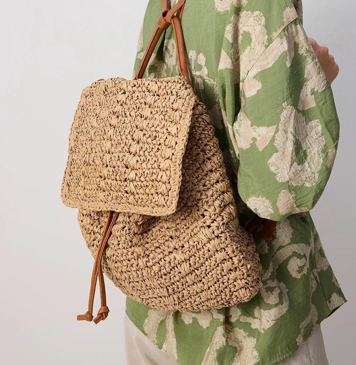 Handknitted Raffia Backpack, Crochet Straw Backpack With  display picture 2