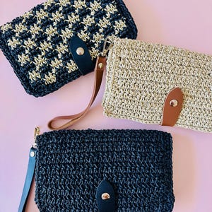 Portafoglio in paglia all'uncinetto fatto a mano, pochette da donna in rafia con cinturino in pelle e porta carte, portafoglio in rafia all'uncinetto, portafoglio in tessuto naturale intrecciato, regalo