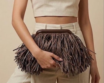 Raffia Fringe Clutch, Brown Boho Fringe Pouch, Woven Straw Summer Tote, Oversized Raffia Bag