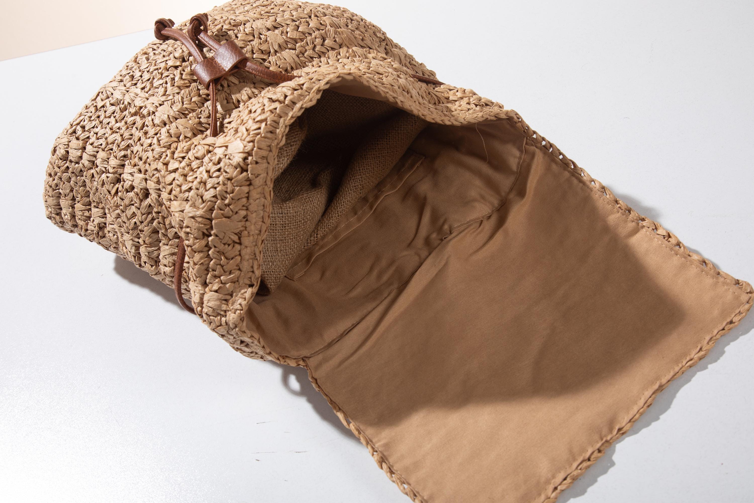 Woven Straw Backpack Tan Natural Fiber Drawstring Cylindrical Bucket Bag Boho Handmade Raffia Backpack, Straw Backpack With Leather Strap  main image 2