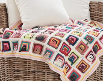 Cat Crochet Blanket, Granny Blanket, Afghan Granny Square Crochet Blanket, Cat Crochet Throw, Crochet Baby Blanket, Colorful Afghan Blanket