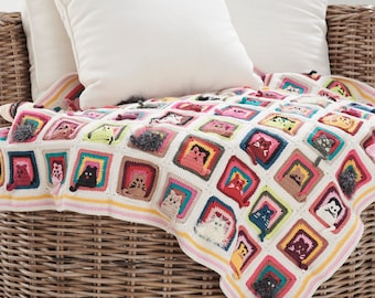Cat Crochet Blanket, Granny Blanket, Afghan Granny Square Crochet Blanket, Cat Crochet Throw, Crochet Baby Blanket